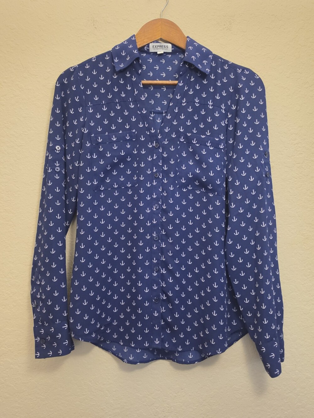 Express Portofino Shirt Womens Blue White Anchor Print Nautical Top Button Down